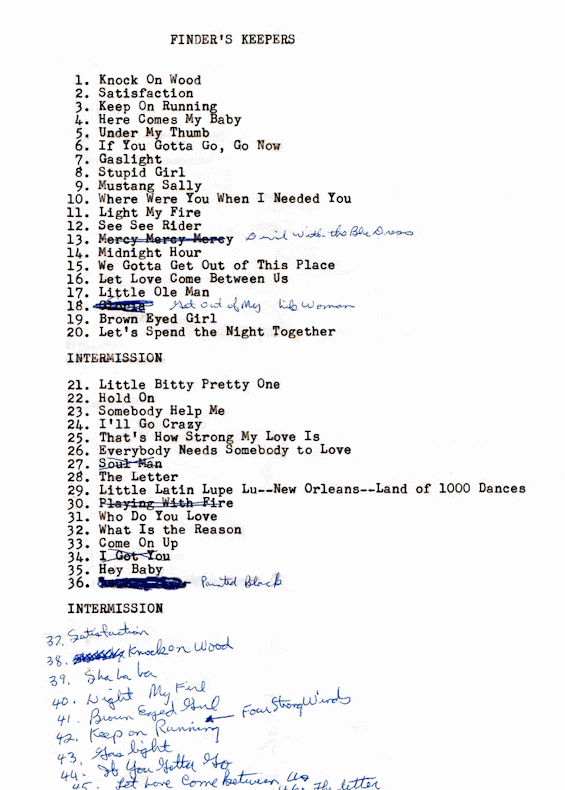 Finder's Keepers Set List